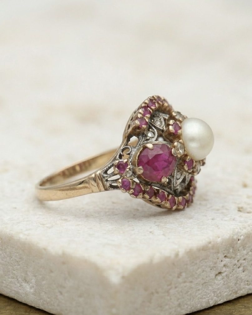 Anillo con Perla Diamantes y Rubís - Imagen 2