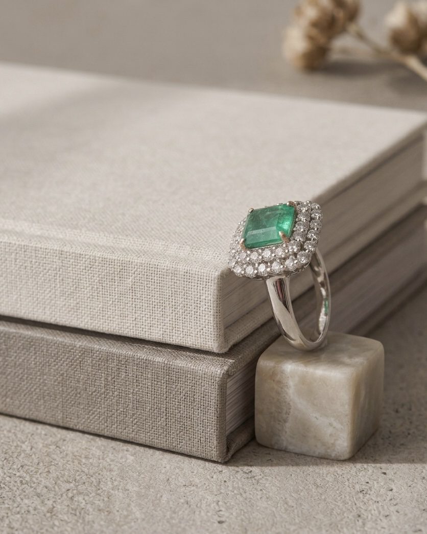 Anillo Oro Blanco con Esmeralda central - Imagen 2