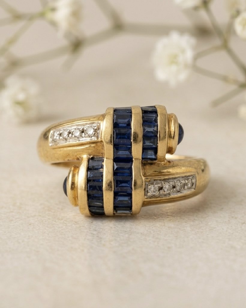 Anillo Bypass Oro, zafiros y Diamantes.