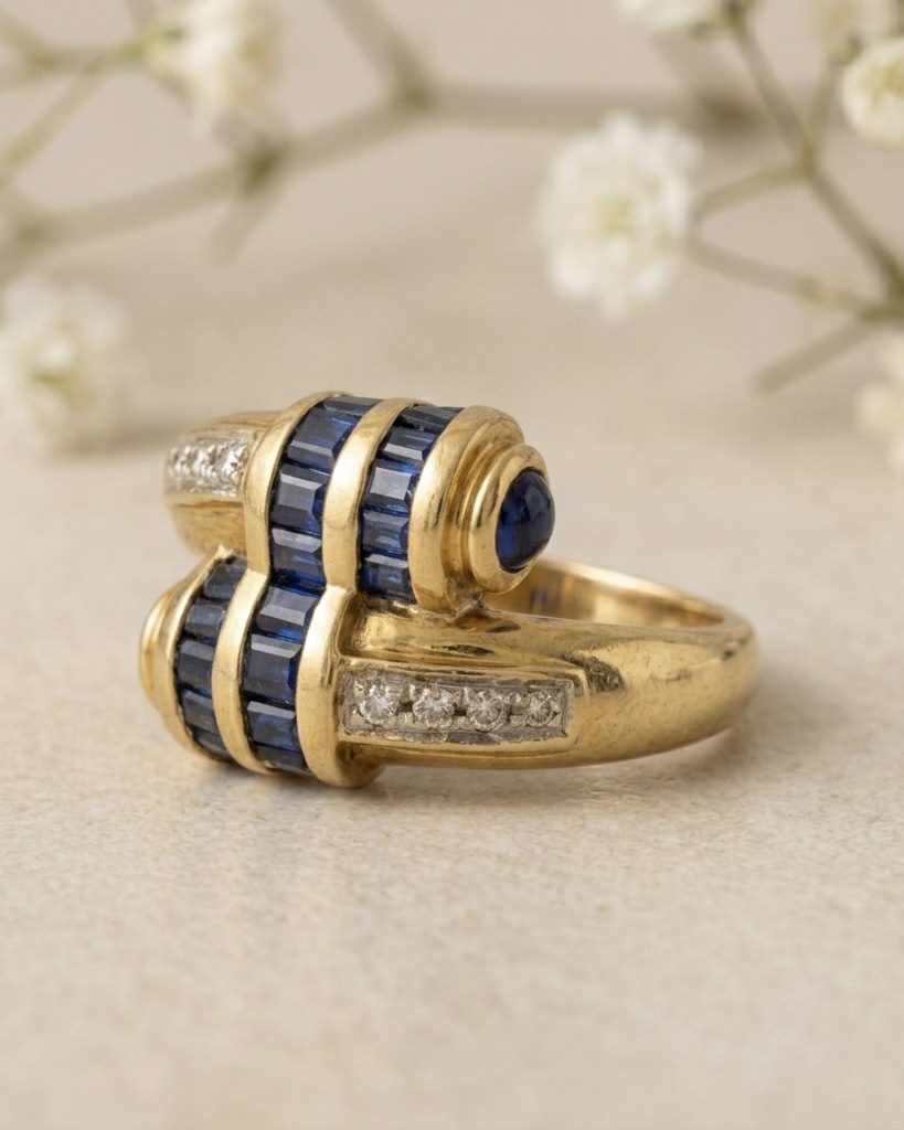 Anillo Bypass Oro, zafiros y Diamantes. - Imagen 2